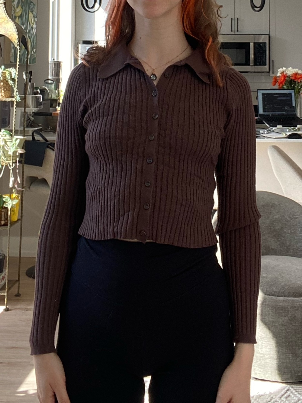 Love Tree Brown Ribbed Button-Front Cardigan